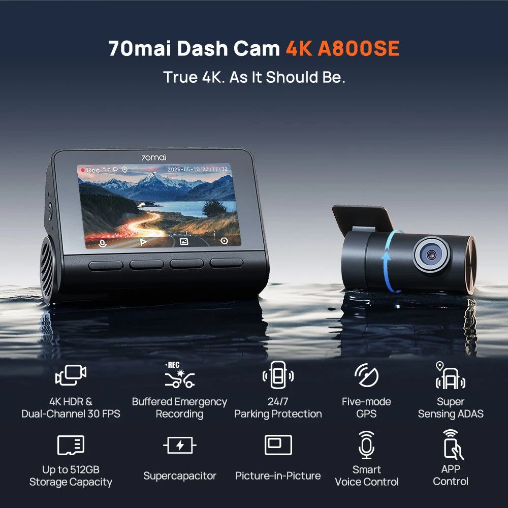 70mai Dash Cam 4K A800SE w/ HDR, Super Night Vision, Emergency Record, Supercapacitor & 24H Surveillance